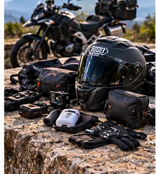 Complete Touring Helmet Setup: Intercom, Earplugs, Pinlock, Camera and Storage editorial motorcycle helmet gear image